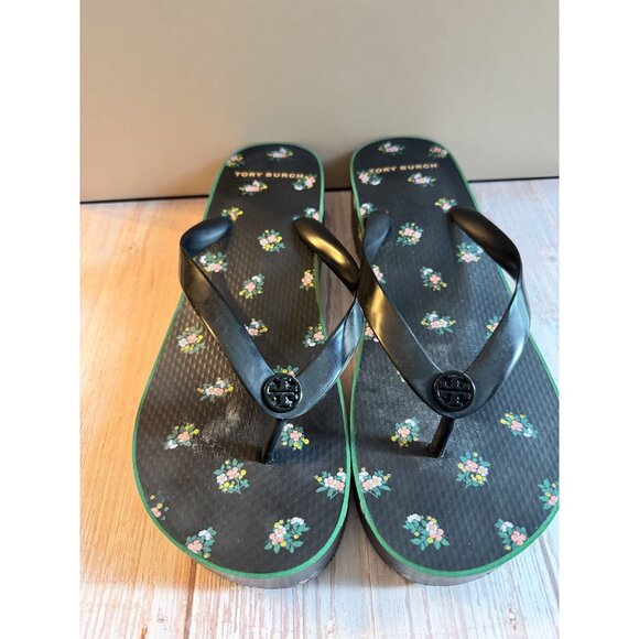 Tory Burch Floral Platform Flip Flops – Size 9M – Black with Green Sole - Picture 1 of 7